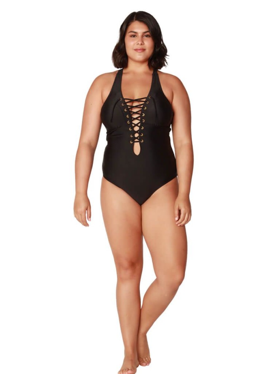 Women Ingear Active Women'S Swimwear | Lace-Up Front Deep V-Neck One Piece Bathing Suit