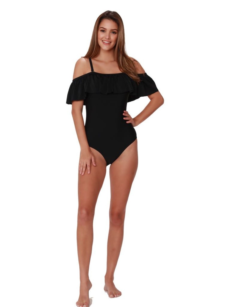 Women Ingear Active Women'S Swimwear | A Dramatic Off-The-Shoulder Ruffle Bathing Suit In White Or Black.