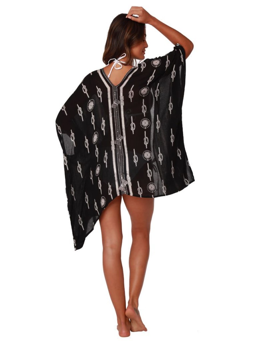 Women Ingear Active Women'S Dresses | Knee Length Black Kimono With A Knot And Tassel Print